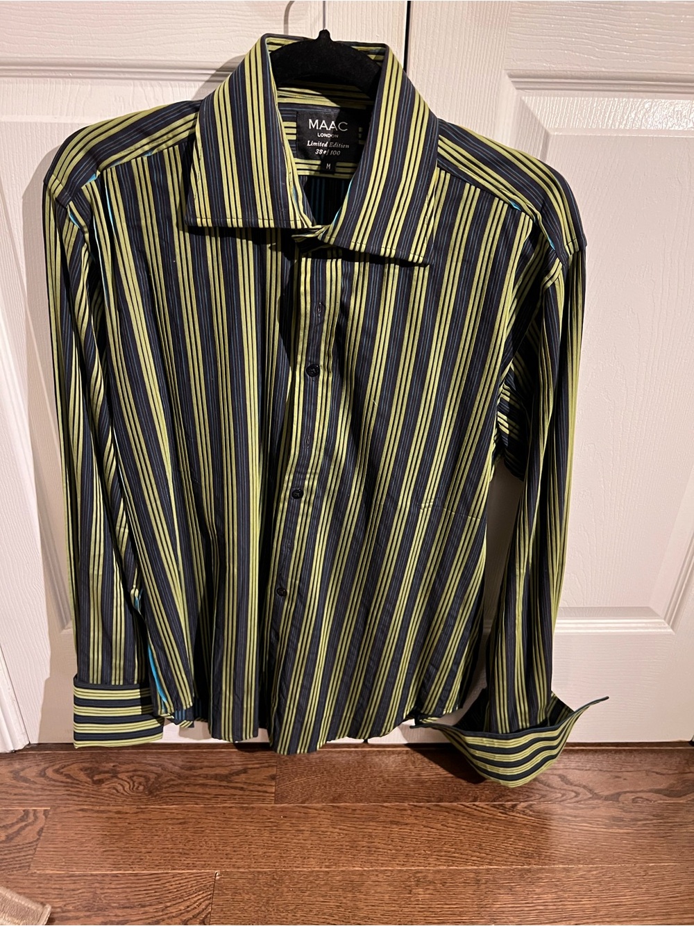 Long-Sleeve Black and Lime Green Striped Dress Shirt